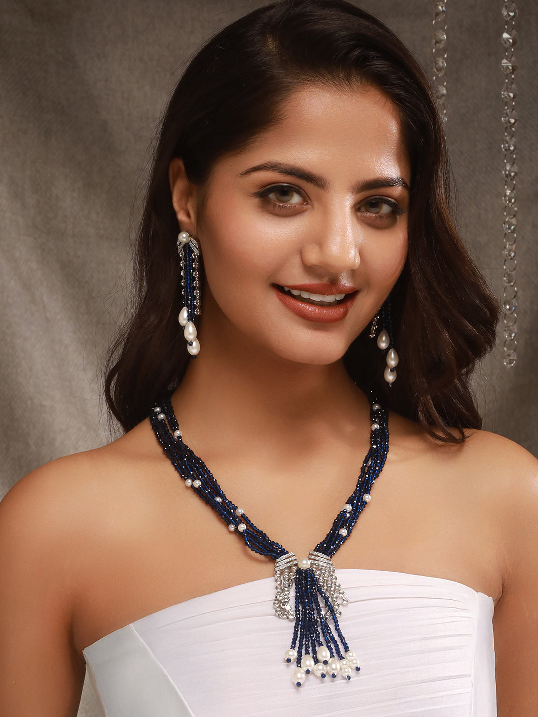 Silver Rhodium Plated Blue & White Pearls Multilayered Designer Maala Jewellery Set